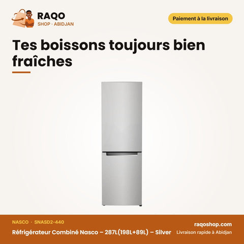 Réfrigérateur Combiné Nasco – 287L(198L+89L) – Silver – 3 Tiroirs | SNASD2-440