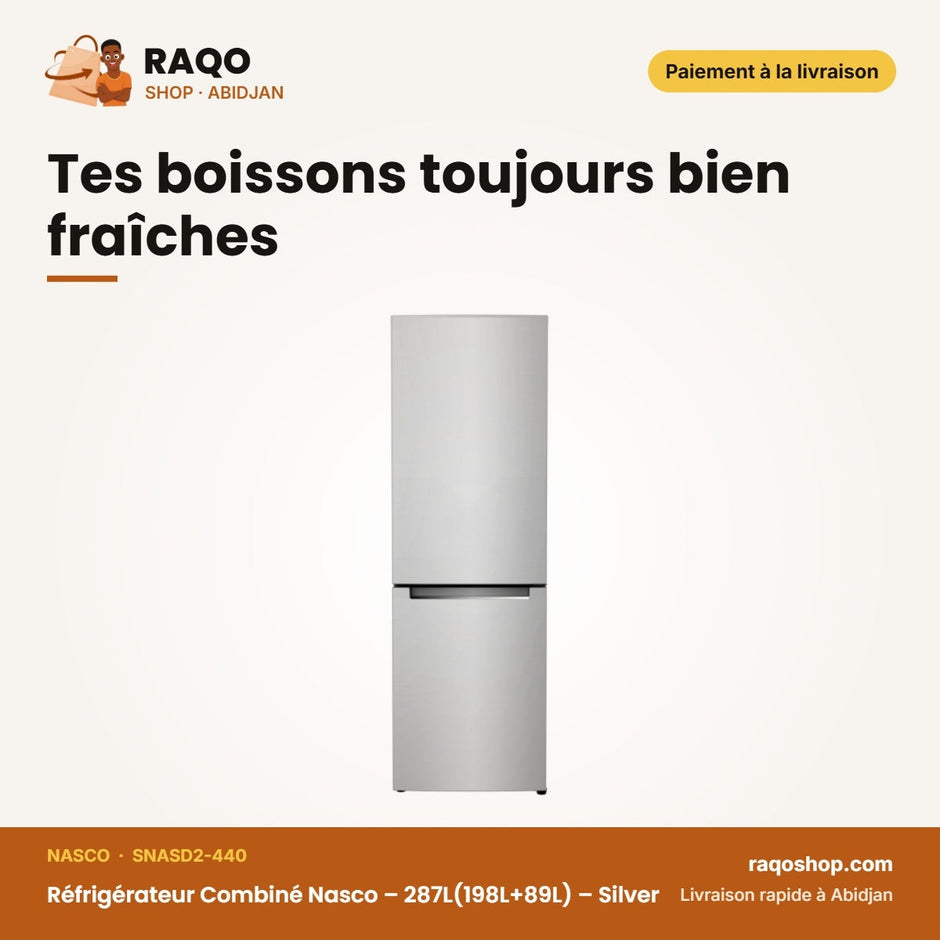 Réfrigérateur Combiné Nasco – 287L(198L+89L) – Silver – 3 Tiroirs | SNASD2-440