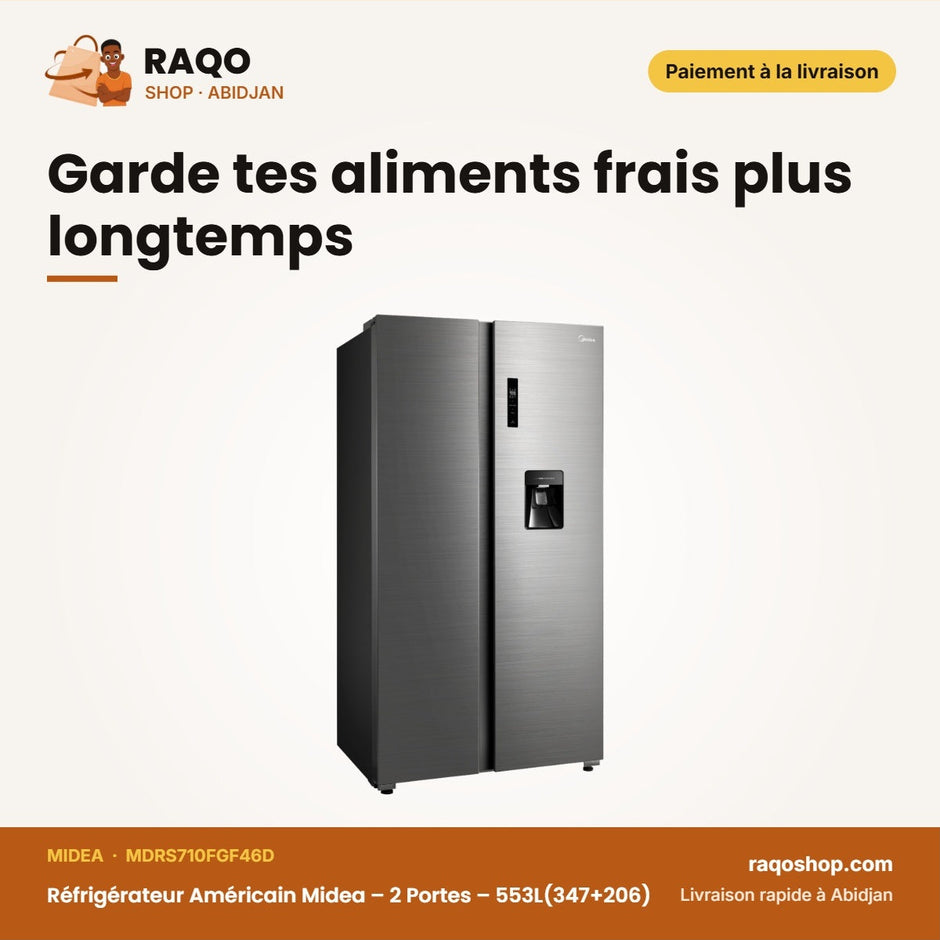 Réfrigérateur Américain Midea – 2 Portes – 553L(347+206) – Brossé Steel | MDRS710FGF46D
