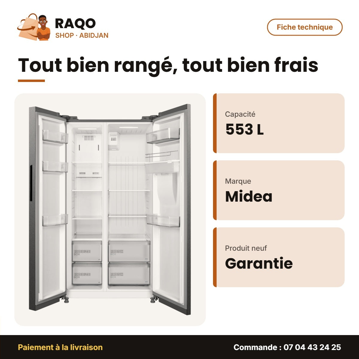 Réfrigérateur Américain Midea – 2 Portes – 553L(347+206) – Brossé Steel | MDRS710FGF46D