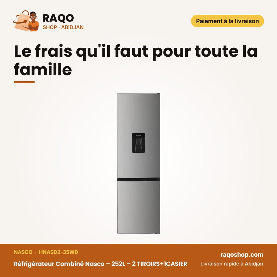 Réfrigérateur Combiné Nasco – 252L – 2 TIROIRS+1CASIER – Silver | HNASD2-35WD