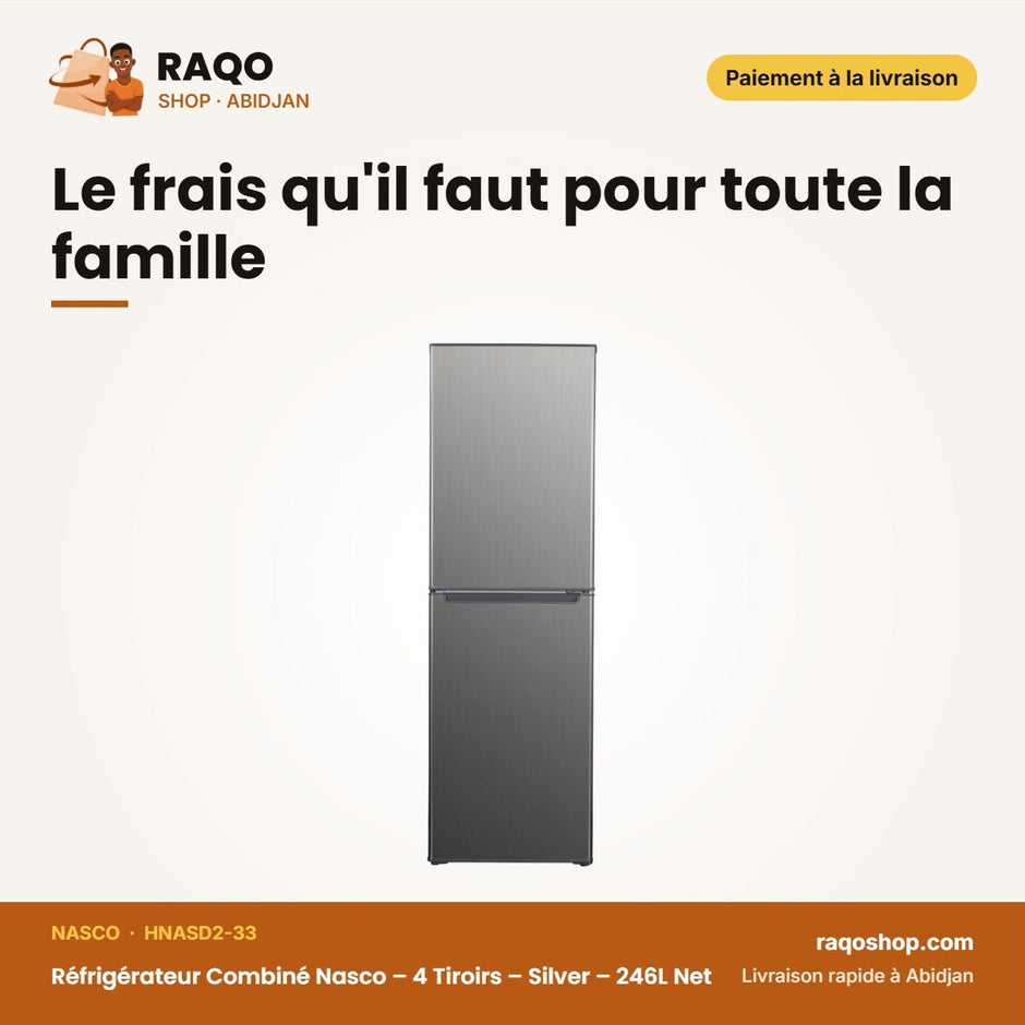 Réfrigérateur Combiné Nasco – 4 Tiroirs – Silver – 246L Net | HNASD2-33