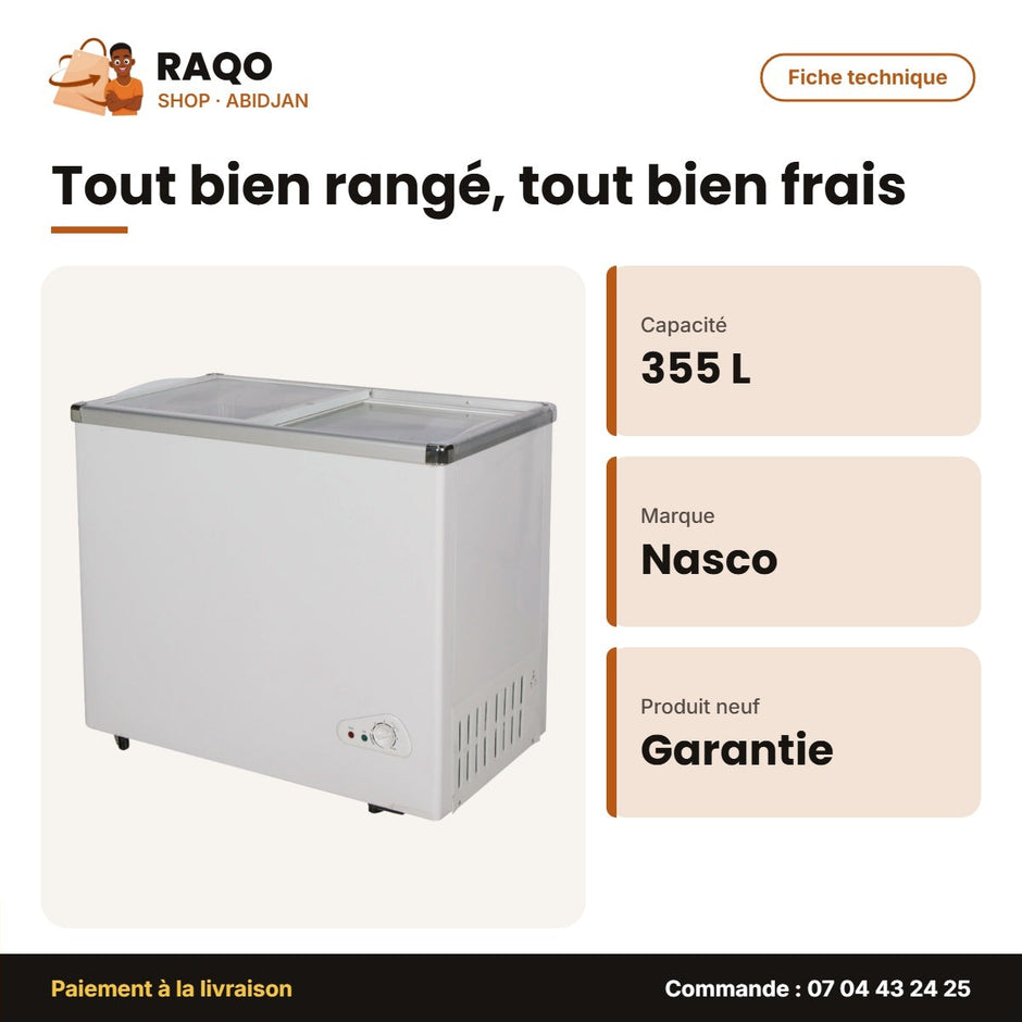 Congélateur Horizontal Nasco – 355L – Vitré – 2 Portes Couliss. | NAS-FS355FL
