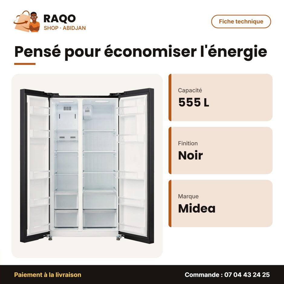 Réfrigérateur Américain Midea – 2 Portes – 555L (349L+206L) – Noir | MDRS710FGF63