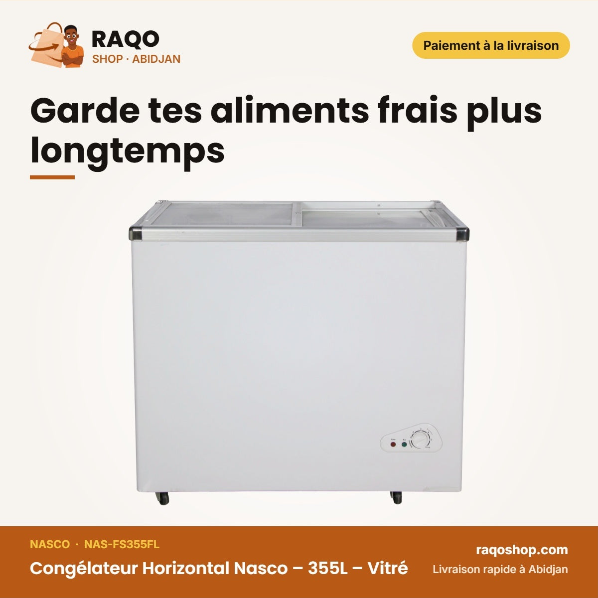 Congélateur Horizontal Nasco – 355L – Vitré – 2 Portes Couliss. | NAS-FS355FL