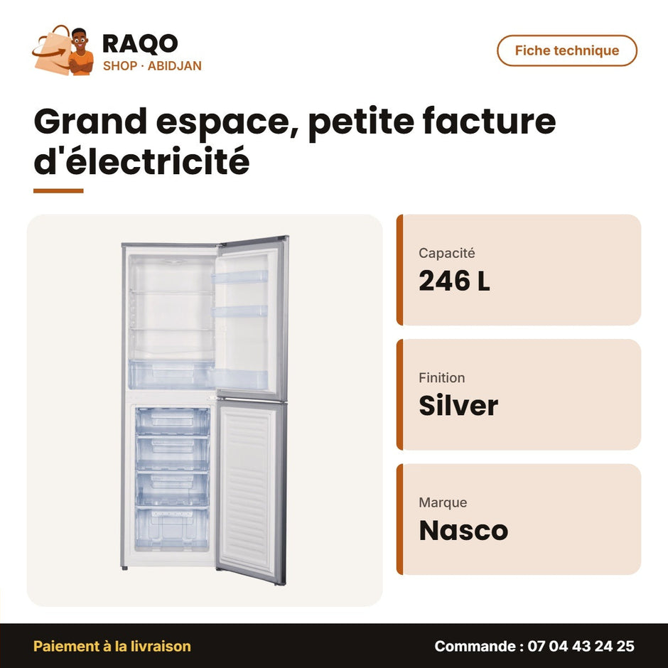 Réfrigérateur Combiné Nasco – 4 Tiroirs – Silver – 246L Net | HNASD2-33
