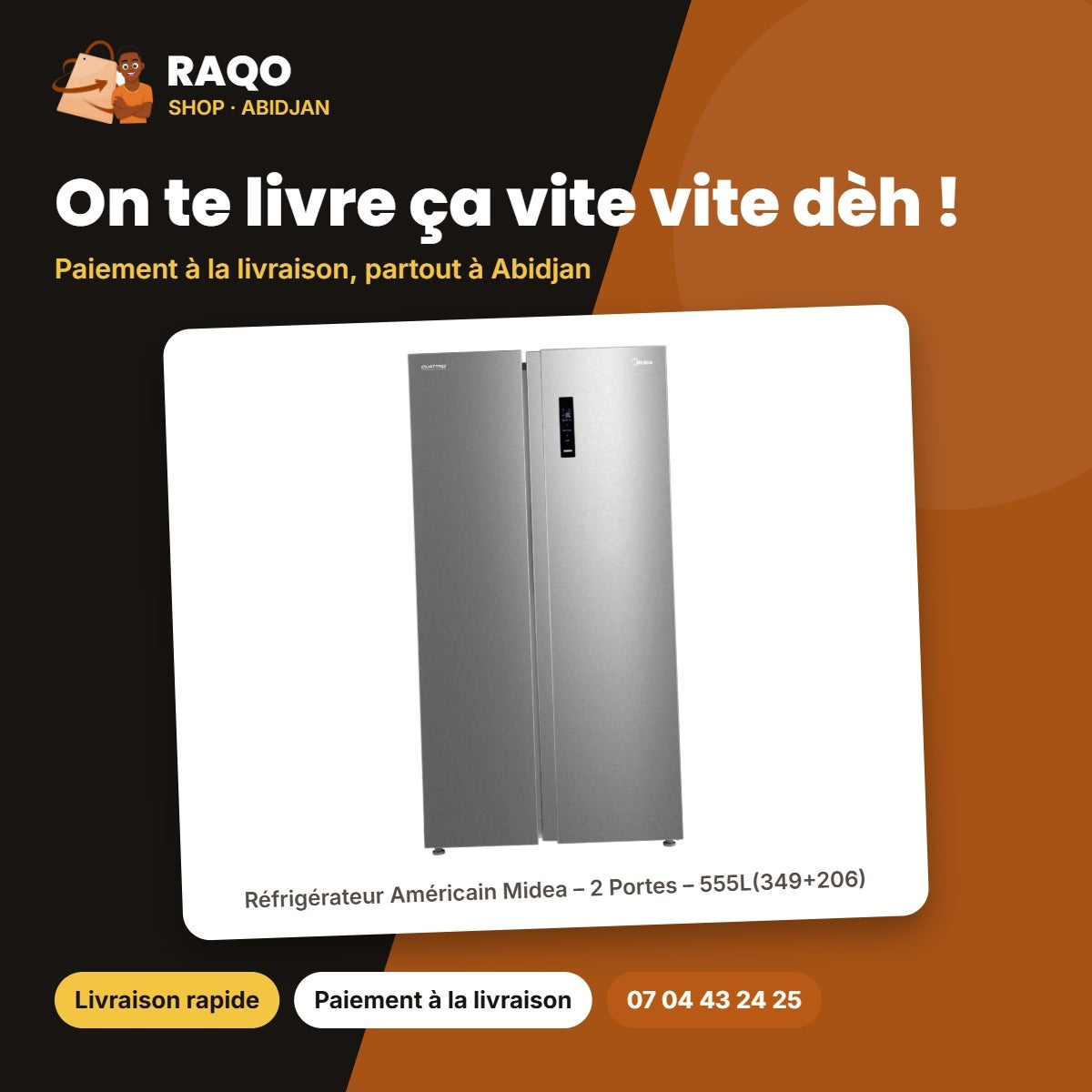 Réfrigérateur Américain Midea – 2 Portes – 555L(349+206) – Silver | MDRS710FGF50D