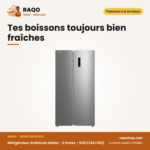 Réfrigérateur Américain Midea – 2 Portes – 555L(349+206) – Silver | MDRS710FGF50D