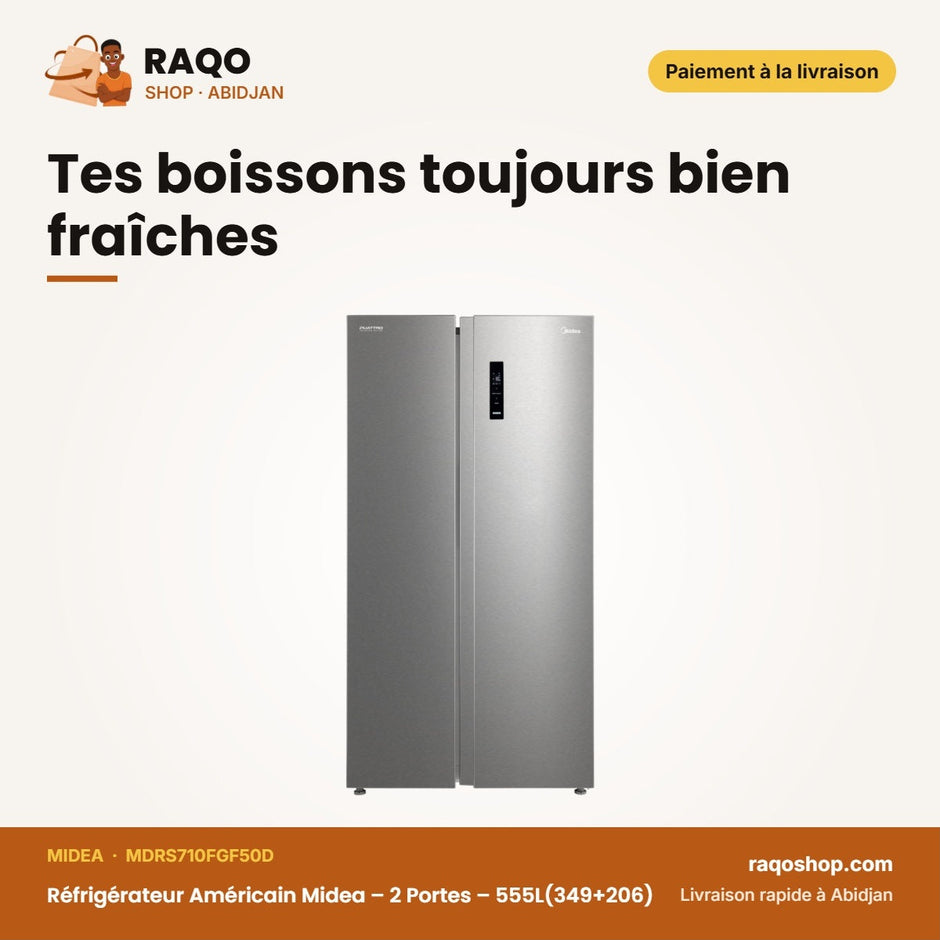 Réfrigérateur Américain Midea – 2 Portes – 555L(349+206) – Silver | MDRS710FGF50D