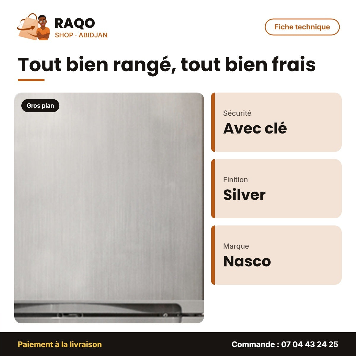 Réfrigérateur Combiné Nasco – 5 Tiroirs au Congélateur – Silver – Avec Clé | NAS295-5D