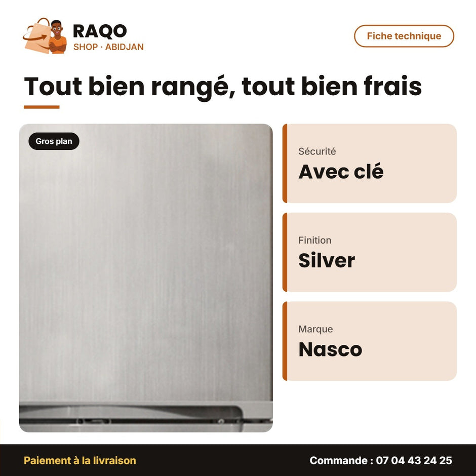 Réfrigérateur Combiné Nasco – 5 Tiroirs au Congélateur – Silver – Avec Clé | NAS295-5D