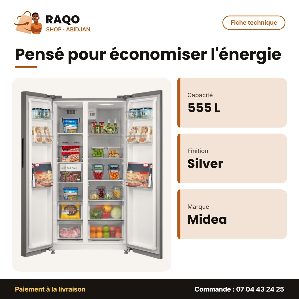 Réfrigérateur Américain Midea – 2 Portes – 555L(349+206) – Silver | MDRS710FGF50D