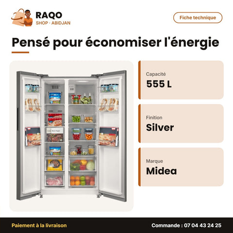 Réfrigérateur Américain Midea – 2 Portes – 555L(349+206) – Silver | MDRS710FGF50D
