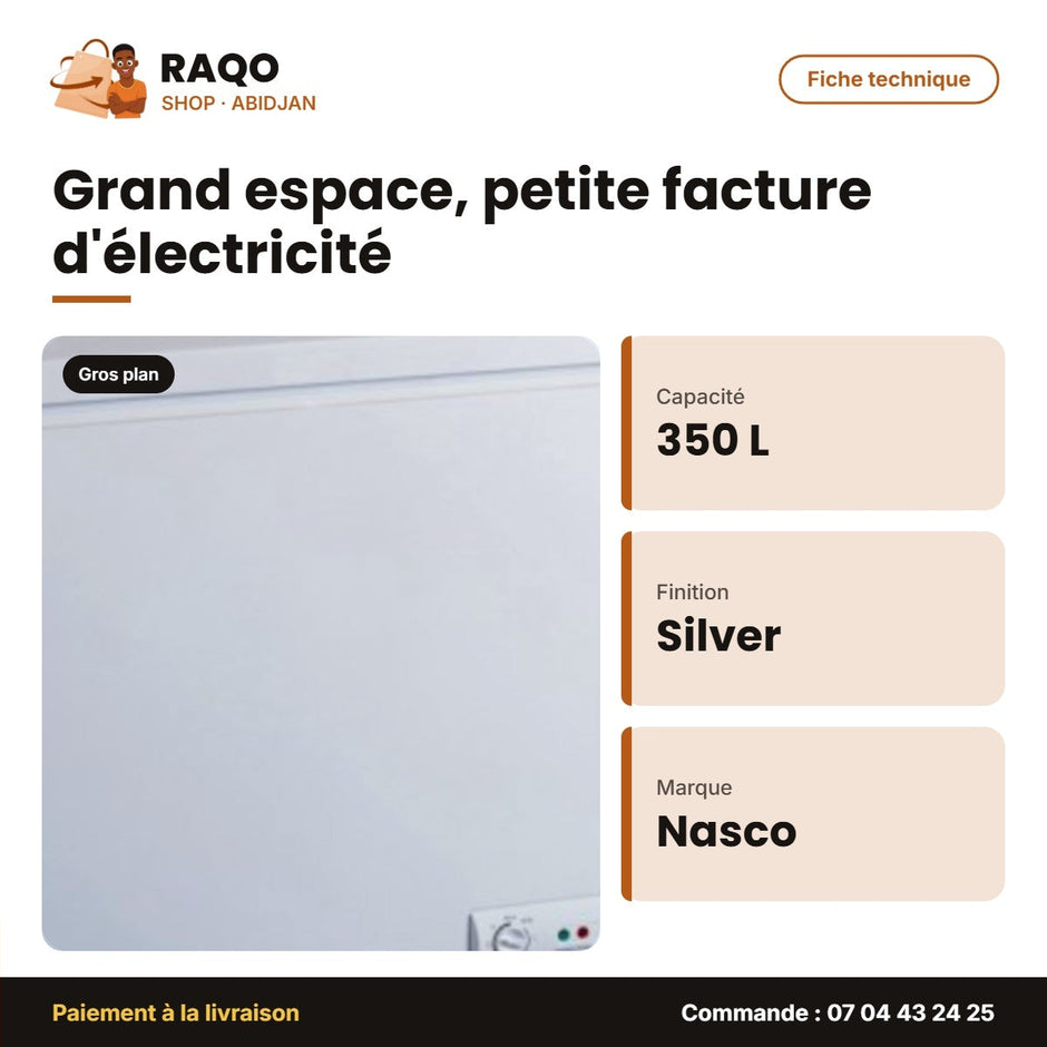 Congélateur Horizontal Nasco 350L – Silver – 1 Porte – 1 Panier à L'interieur | KNAS-550