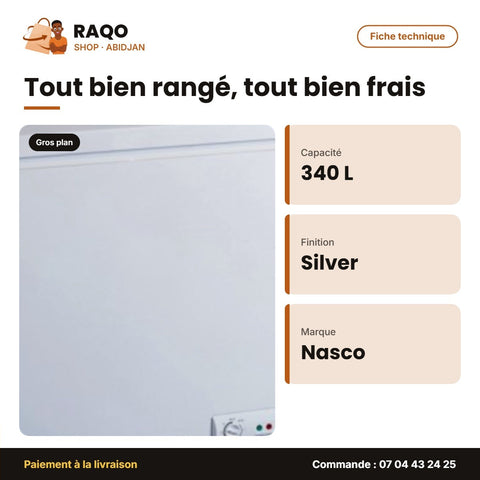 Congélateur Horizontal Nasco 340L – Silver – 1 Porte – 1 Panier à L'interieur | KNAS-500