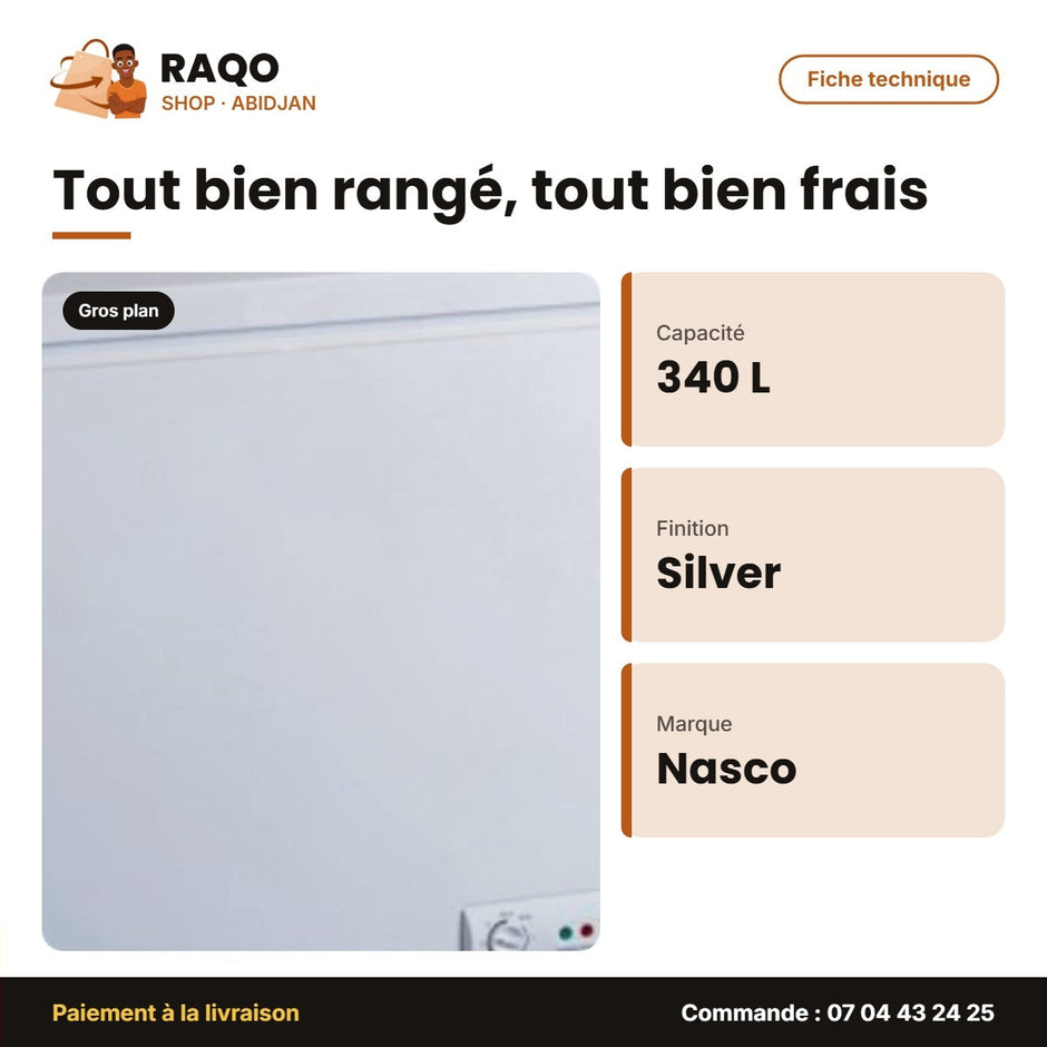 Congélateur Horizontal Nasco 340L – Silver – 1 Porte – 1 Panier à L'interieur | KNAS-500