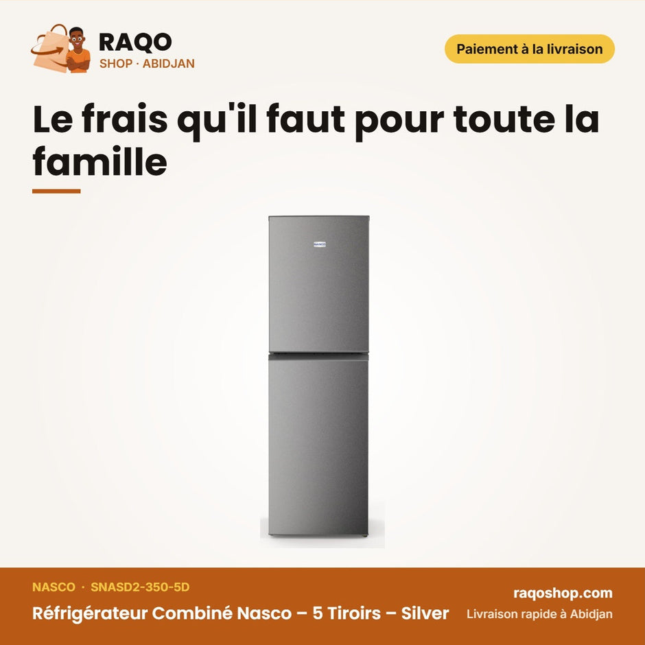 Réfrigérateur Combiné Nasco – 5 Tiroirs – Silver – 251L(134L+117L) | SNASD2-350-5D