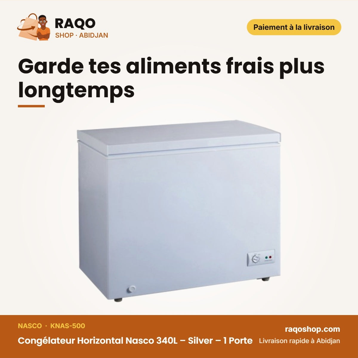 Congélateur Horizontal Nasco 340L – Silver – 1 Porte – 1 Panier à L'interieur | KNAS-500