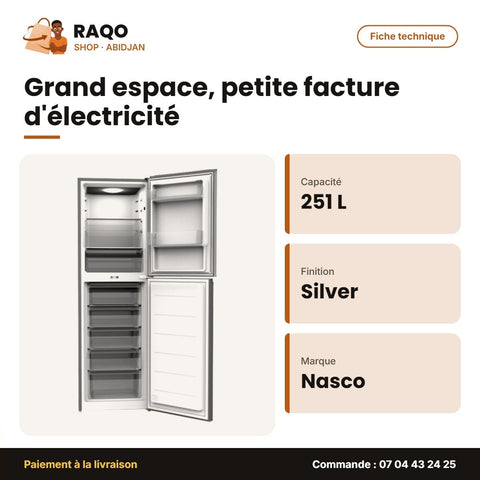 Réfrigérateur Combiné Nasco – 5 Tiroirs – Silver – 251L(134L+117L) | SNASD2-350-5D