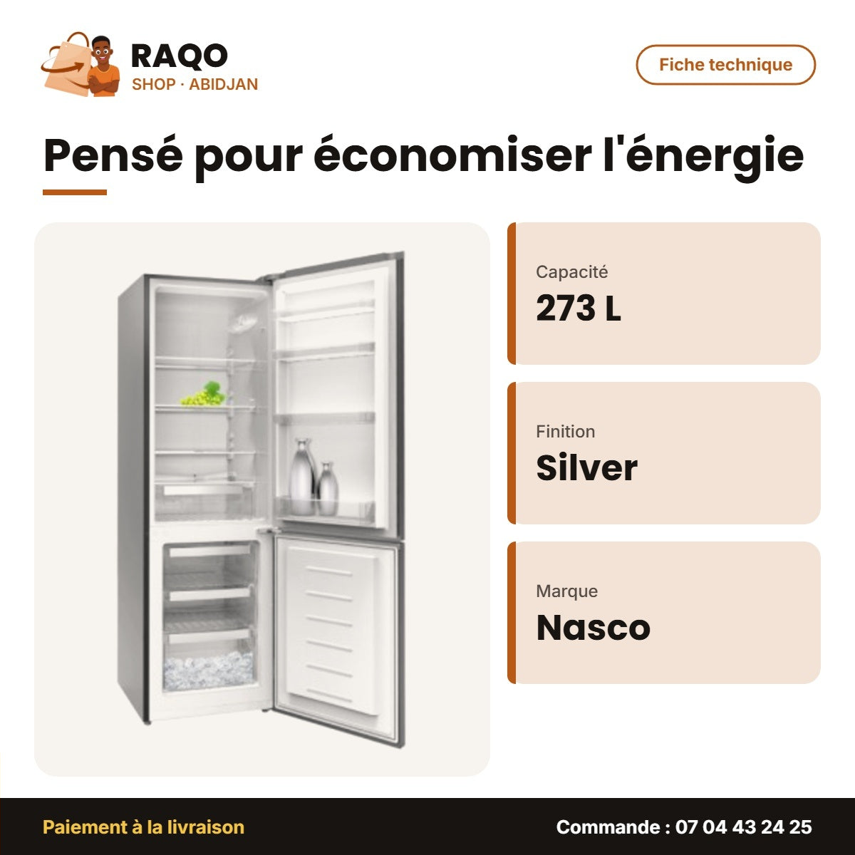 Réfrigérateur Combiné Nasco – 273L Net – Silver – 3 Tiroirs | SNASD2-400