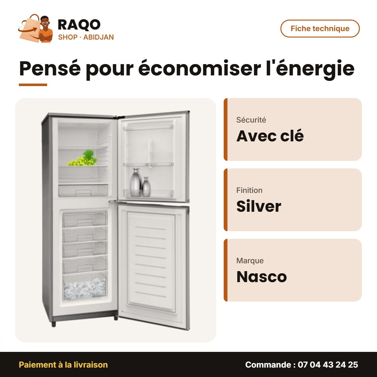 Réfrigérateur Combiné Nasco – Avec Clé – Silver – 4 Petits + 1 Grand Tiroir | KNASD2-400