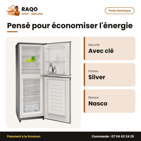 Réfrigérateur Combiné Nasco – Avec Clé – Silver – 4 Petits + 1 Grand Tiroir | KNASD2-400