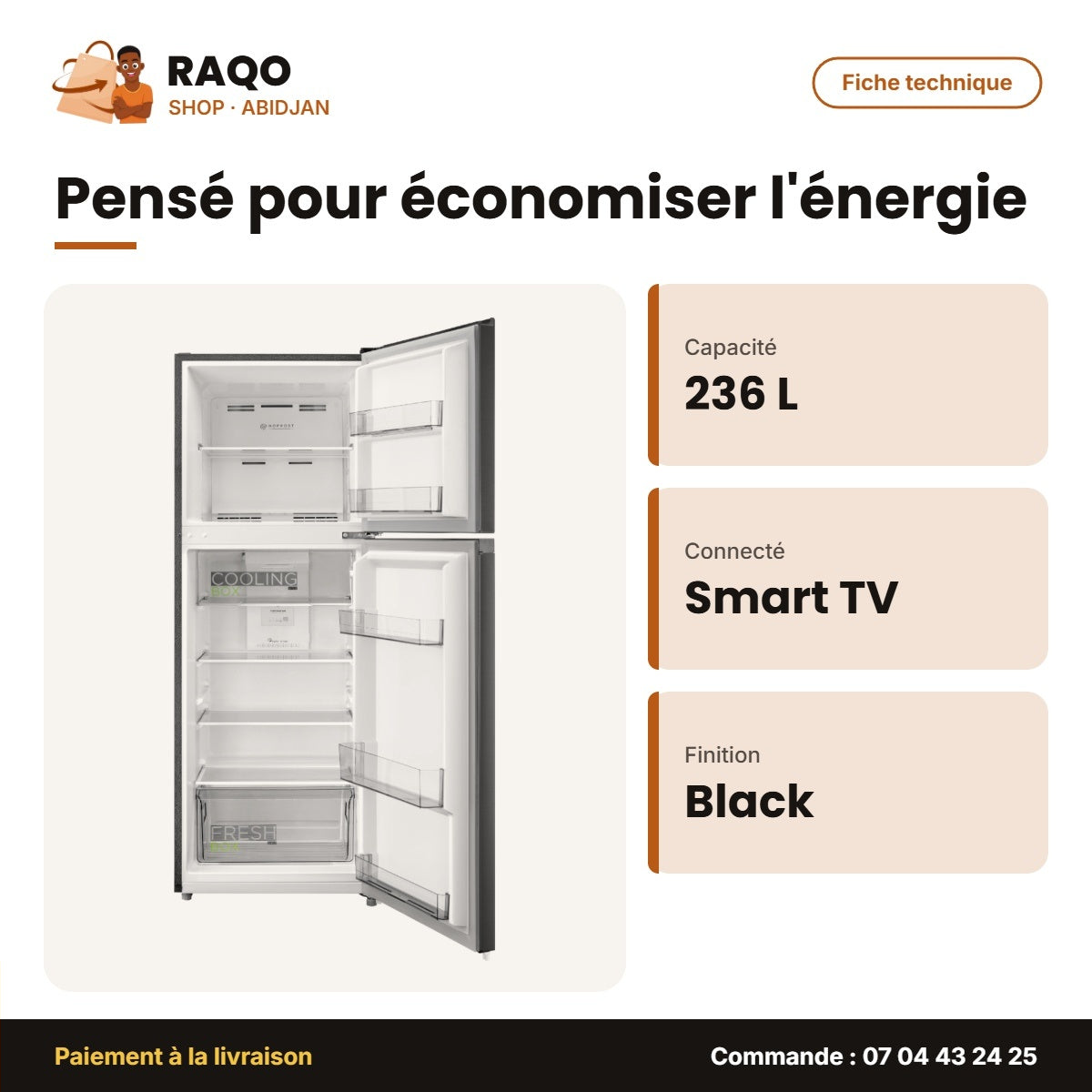 Réfrigérateur Double Portes Midea – 236L(176+60) – Smart Cool. – Jazz Black | MDRT346MTE28