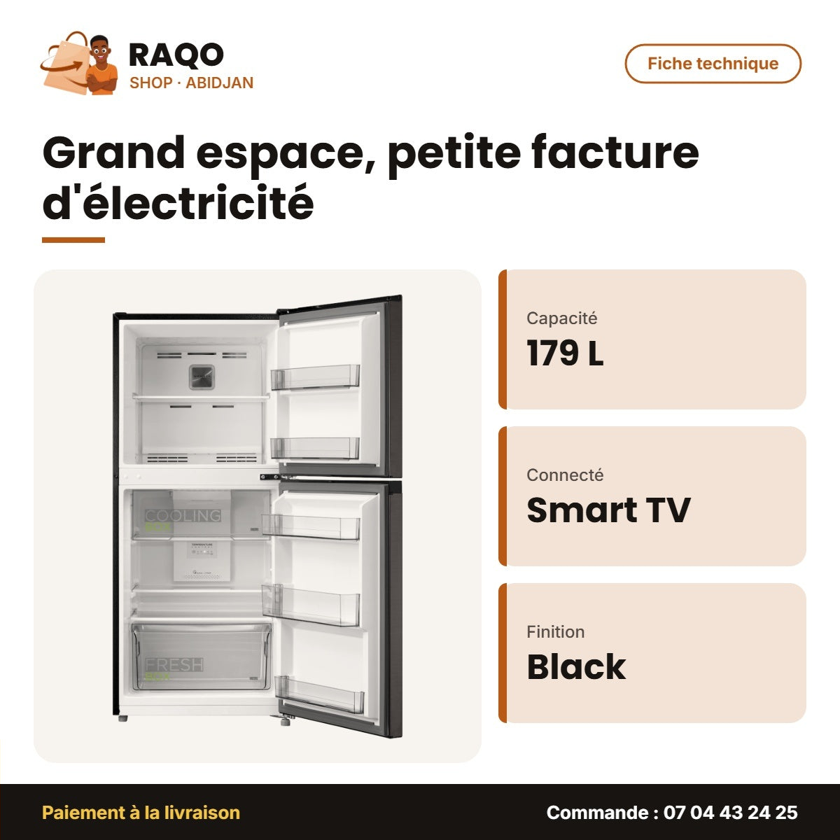 Réfrigérateur Double Portes Midea – 179L(119+60) – Smart Cool. – Jazz Black | MDRT268MTV28