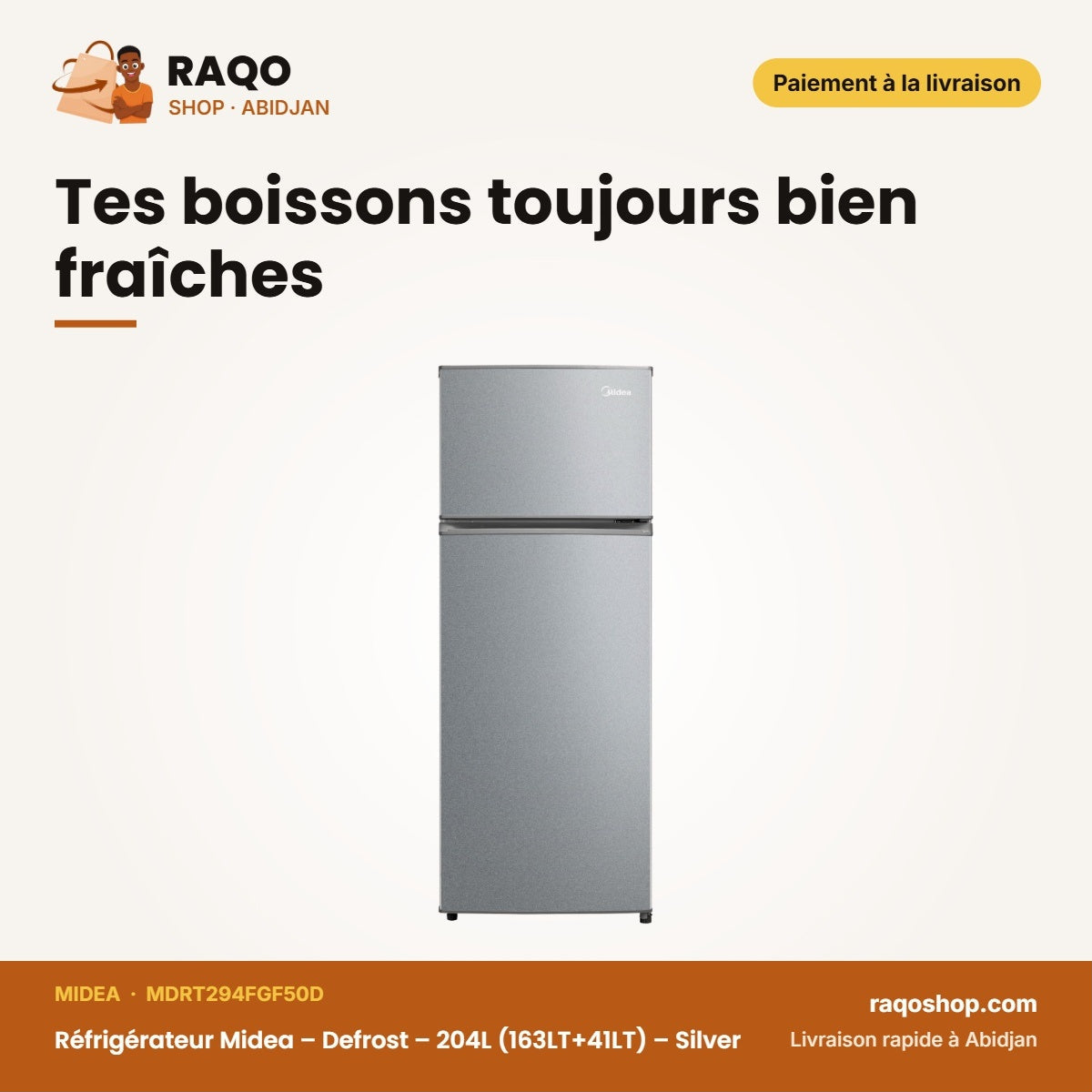 Réfrigérateur Midea – Defrost – 204L (163LT+41LT) – Silver | MDRT294FGF50D