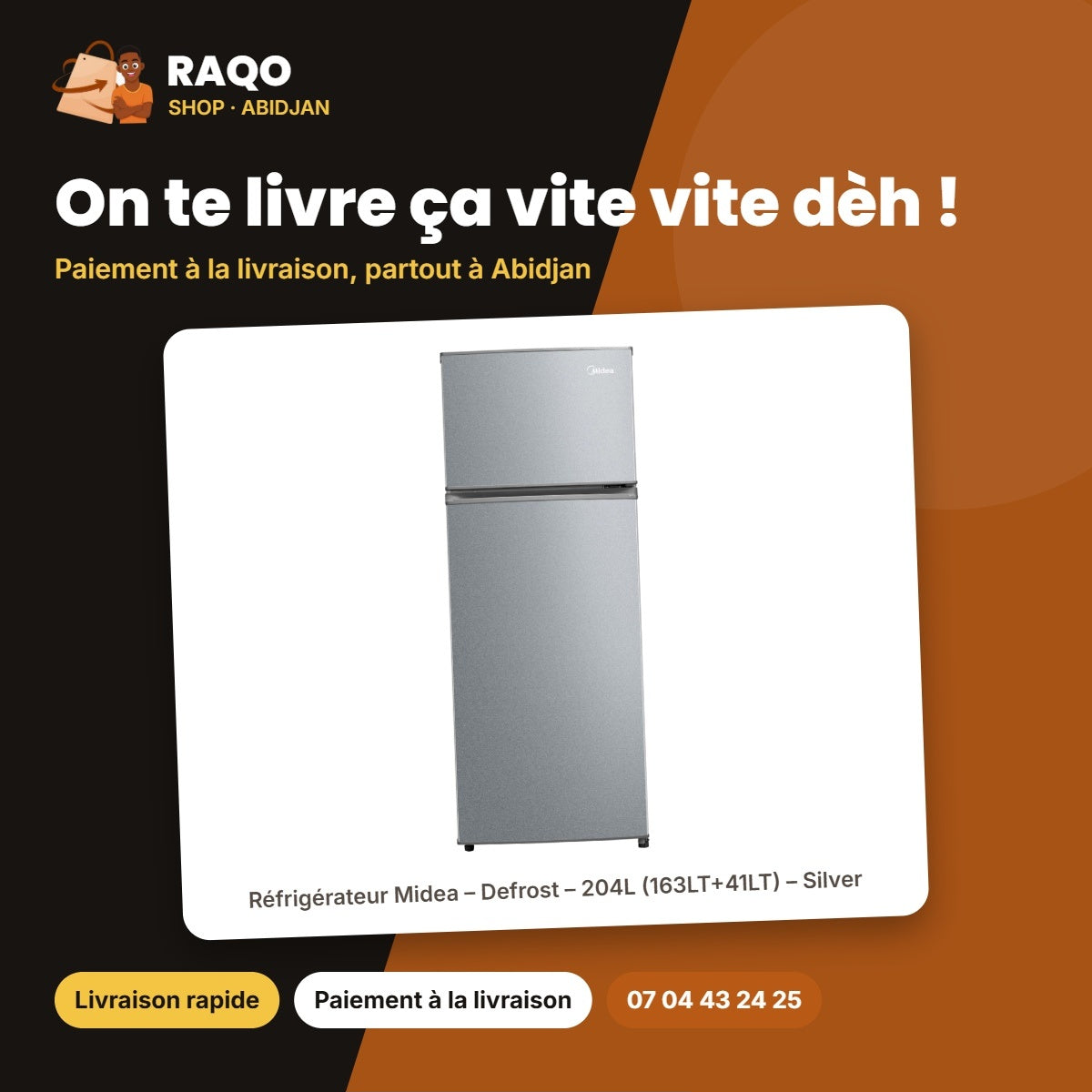 Réfrigérateur Midea – Defrost – 204L (163LT+41LT) – Silver | MDRT294FGF50D