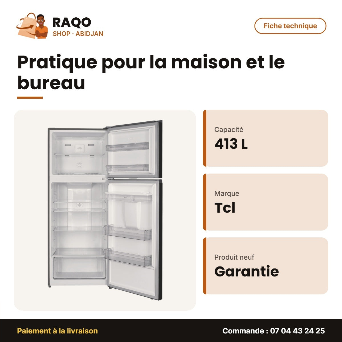 Réfrigérateur TCL – 413L (319L+94L) – No Frost-Cooling Tech. – Distributeur D'eau | P540TMGWD