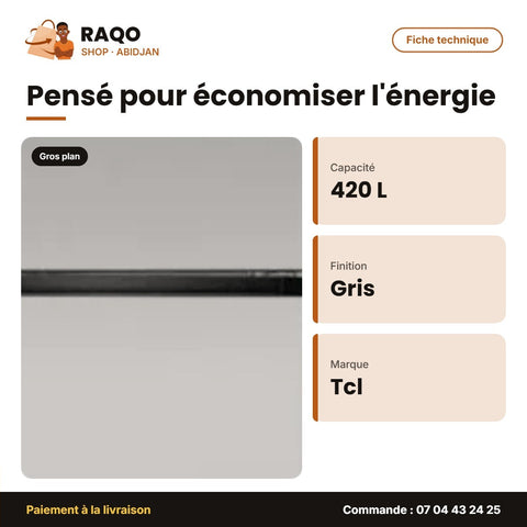 Réfrigérateur TCL – 420L (319L +101L) – Gris Fonce – Multi Air Flow | P425TM