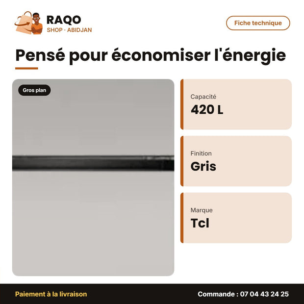 Réfrigérateur TCL – 420L (319L +101L) – Gris Fonce – Multi Air Flow | P425TM