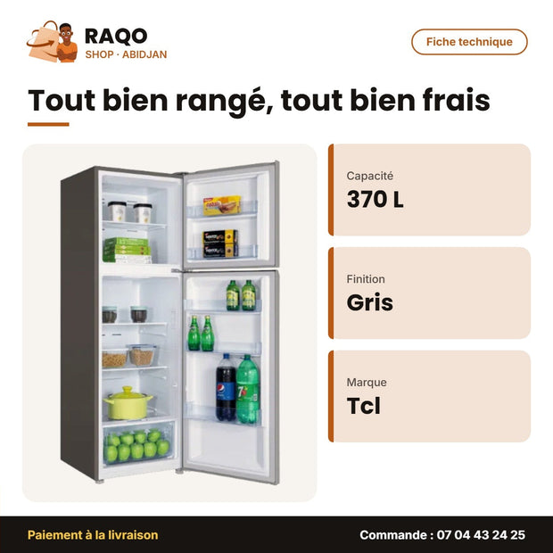 Réfrigérateur TCL – 370L (285L + 85L) – Gris Fonce – Multi Air Flow | P370TM