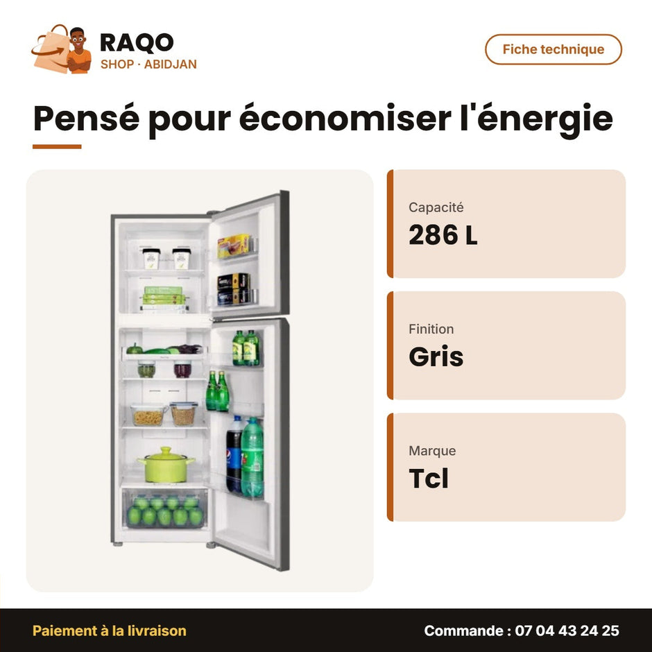 Réfrigérateur TCL – 286L (225L + 61L) – Gris Fonce – Multi Air Flow | P286TM