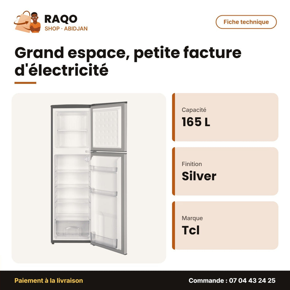 Réfrigérateur Double Porte TCL – 165L (121L + 44L) – Silver | F216TMS