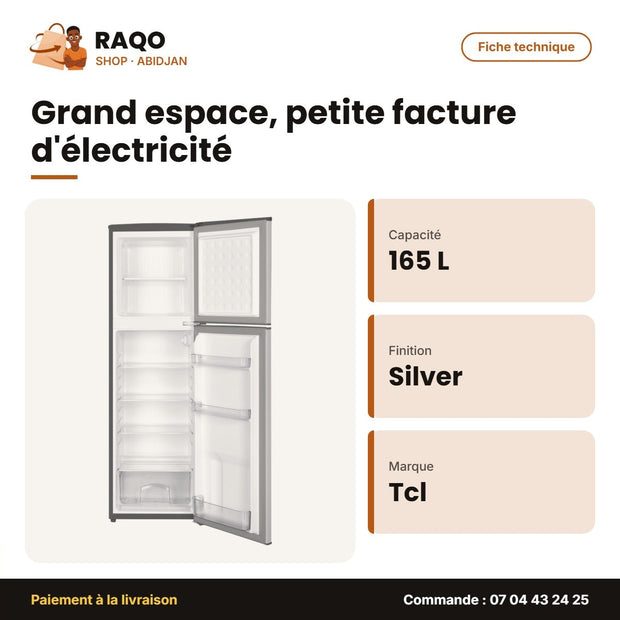 Réfrigérateur Double Porte TCL – 165L (121L + 44L) – Silver | F216TMS