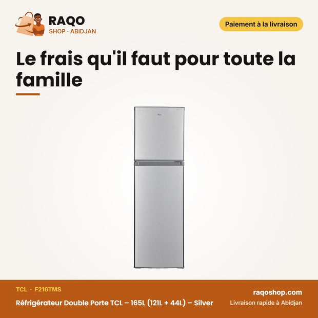 Réfrigérateur Double Porte TCL – 165L (121L + 44L) – Silver | F216TMS