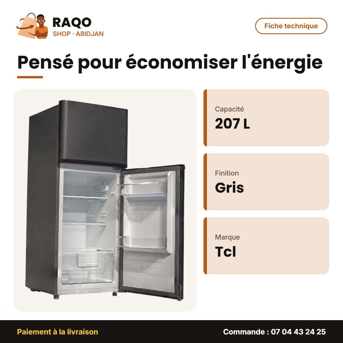 Réfrigérateur TCL – 207L (167L + 40L) – Gris Fonce | F210TM