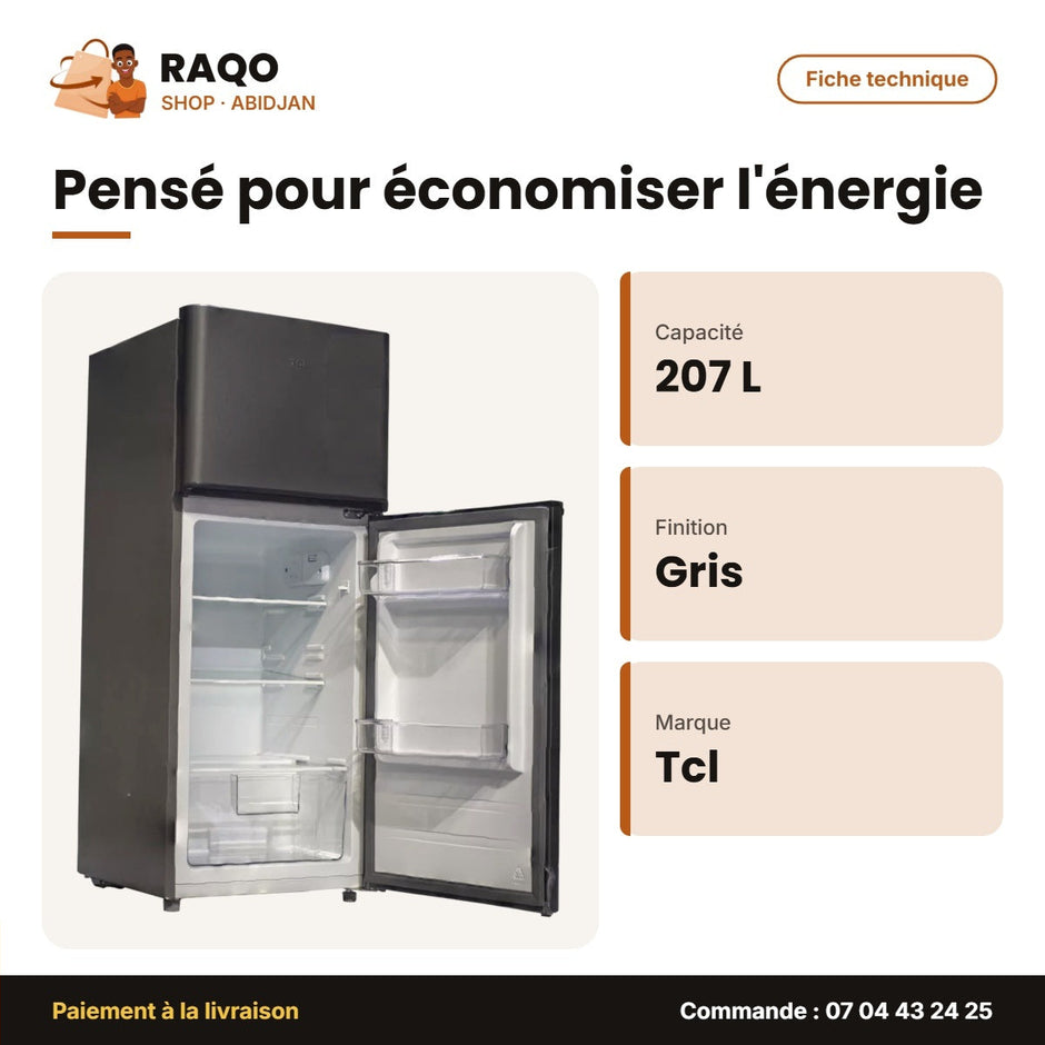 Réfrigérateur TCL – 207L (167L + 40L) – Gris Fonce | F210TM