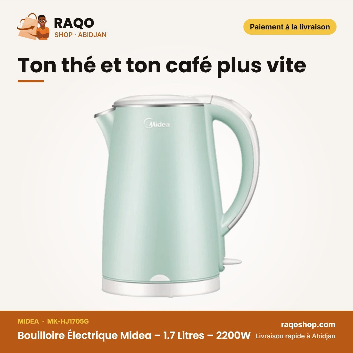 Bouilloire Électrique Midea – 1.7 Litres – 2200W – Stainless Steel | MK-HJ1705G