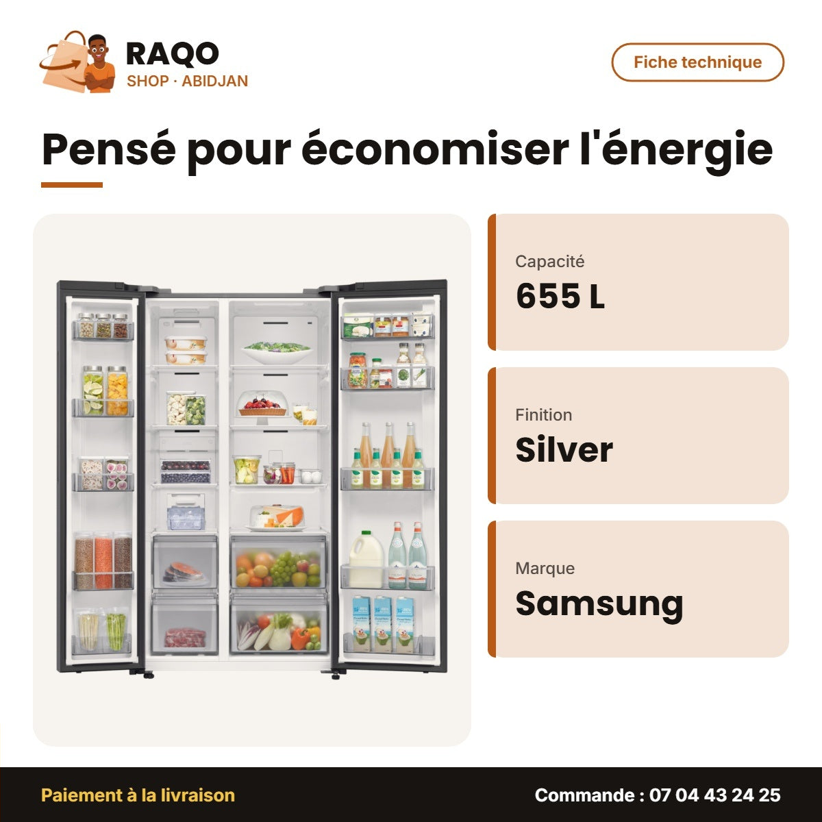 Réfrigérateur Américain Samsung – 655L (418L+237L) – Silver – 2 Portes | RS70F65Q3TUT