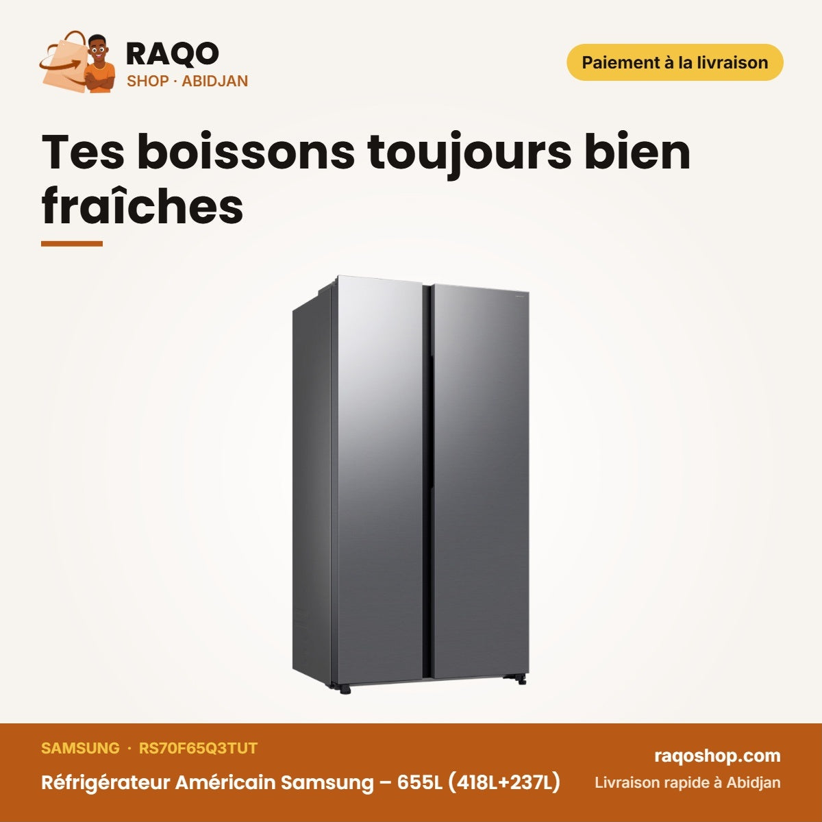Réfrigérateur Américain Samsung – 655L (418L+237L) – Silver – 2 Portes | RS70F65Q3TUT