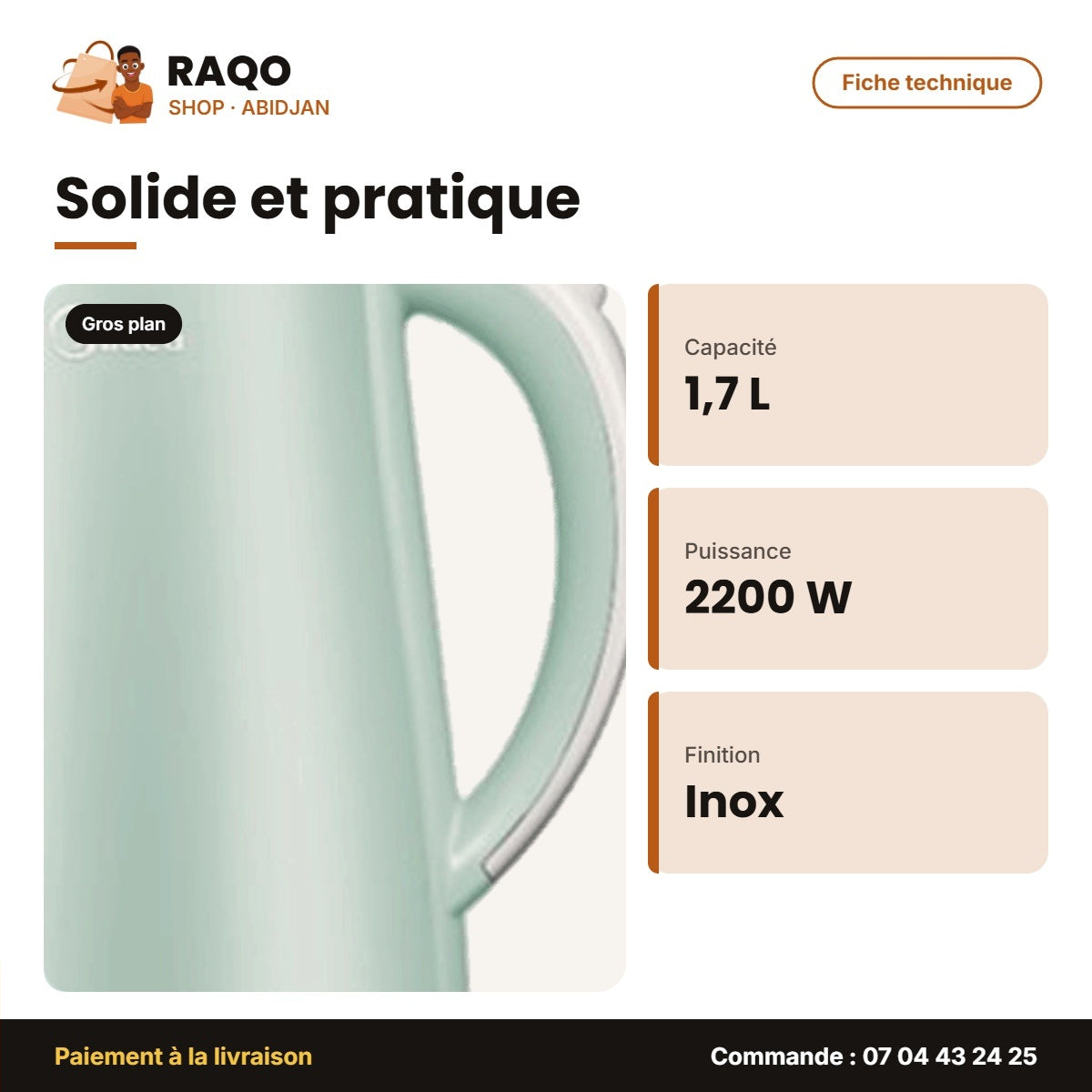 Bouilloire Électrique Midea – 1.7 Litres – 2200W – Stainless Steel | MK-HJ1705G