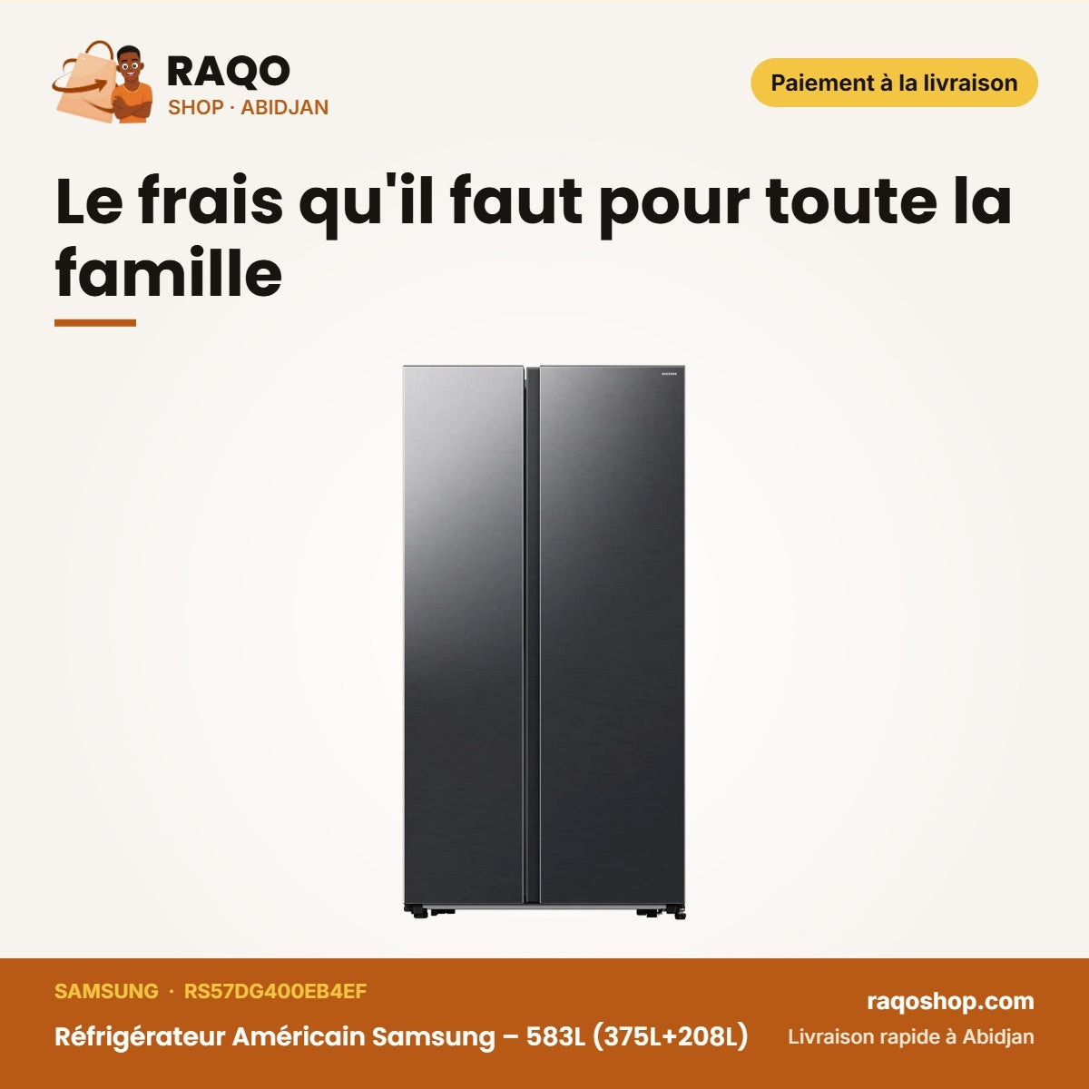 Réfrigérateur Américain Samsung – 583L (375L+208L) – 2 Portes – Black Matt | RS57DG400EB4EF