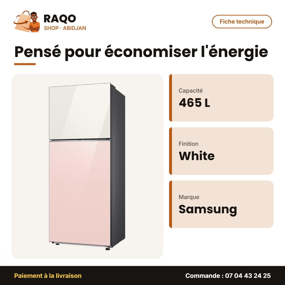 Réfrigérateur Samsung Bespoke 465 L – Clean White-Navy Glass – All Around Cool | RT47CB66318AGH