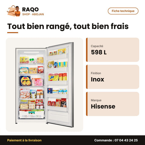 Congélateur Vertical Hisense – 598L – 5 ETAG.+2PANIERS – Inox | RD-77W4SA