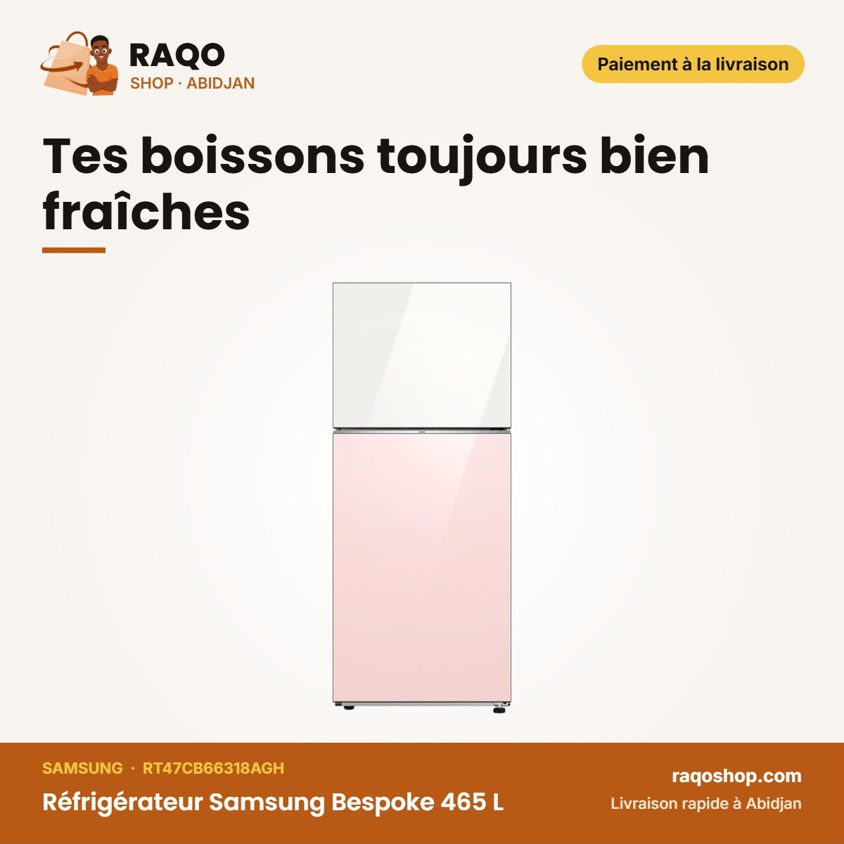 Réfrigérateur Samsung Bespoke 465 L – Clean White-Navy Glass – All Around Cool | RT47CB66318AGH