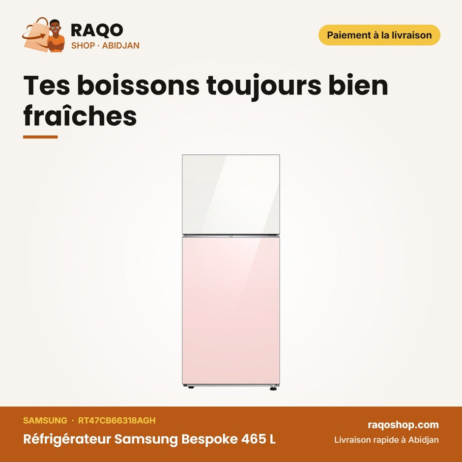 Réfrigérateur Samsung Bespoke 465 L – Clean White-Navy Glass – All Around Cool | RT47CB66318AGH
