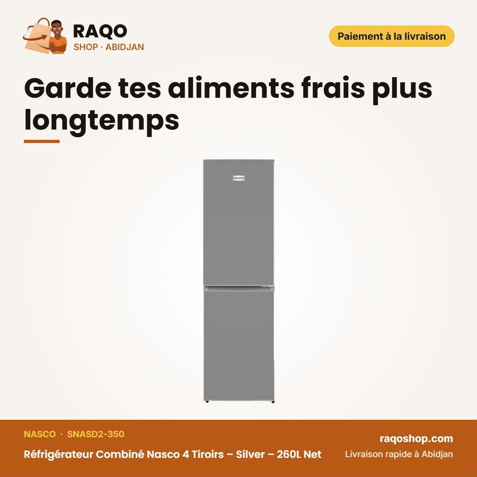 Réfrigérateur Combiné Nasco 4 Tiroirs – Silver – 260L Net – Avec Clé | SNASD2-350
